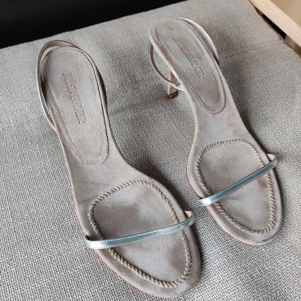 Jil Sander size 10 silver metallic minimalist slingback heeled sandal